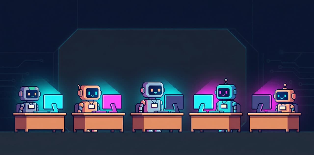 Cinco robôs em pixel art trabalhando em mesas com monitores