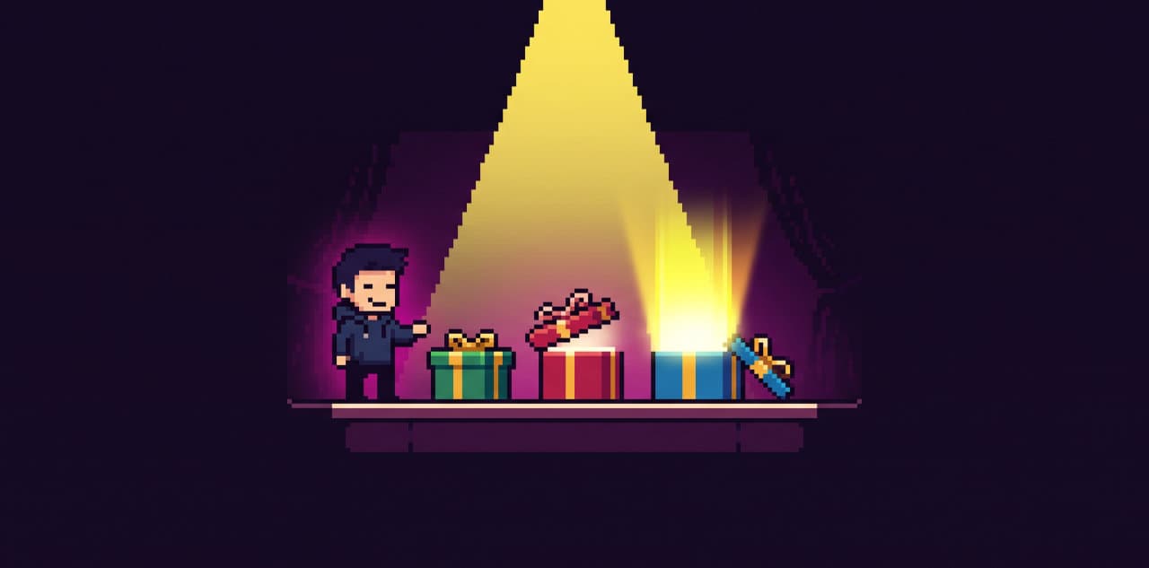 Personagem em pixel art abrindo presentes sob um holofote